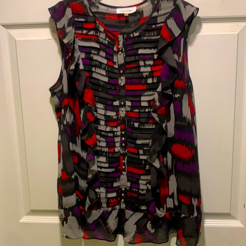 Amazing Calvin Klein Sleeveless Patterned Button Up Blouse Women’s L